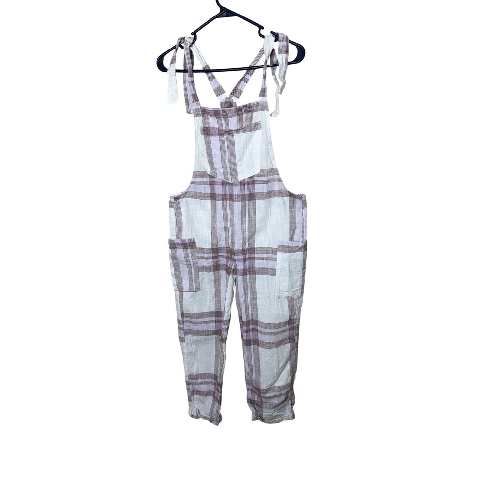 Aerie Womens Plaid Tie Shoulder Bib Overalls Purple White Size Small Relaxed